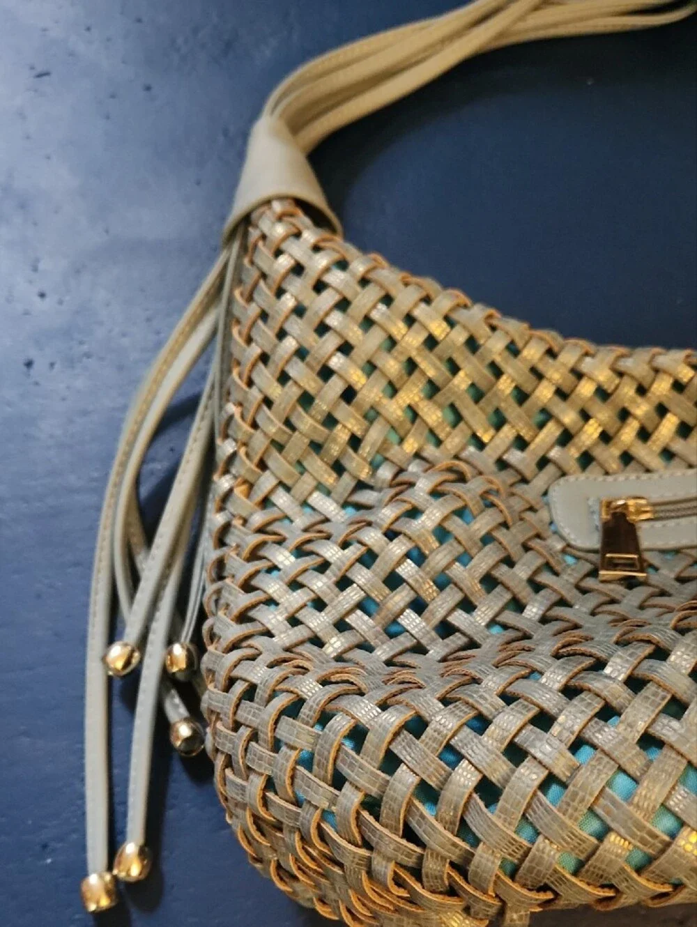 Woven Shoulder Hobo Bag in Light Blue With Golden Sheen.